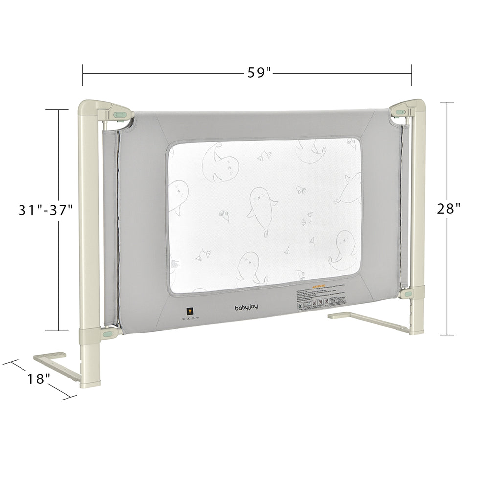 Toddler bed rail guard with adjustable height, seamless design, and double safety lock for mattress sizes up to 59.