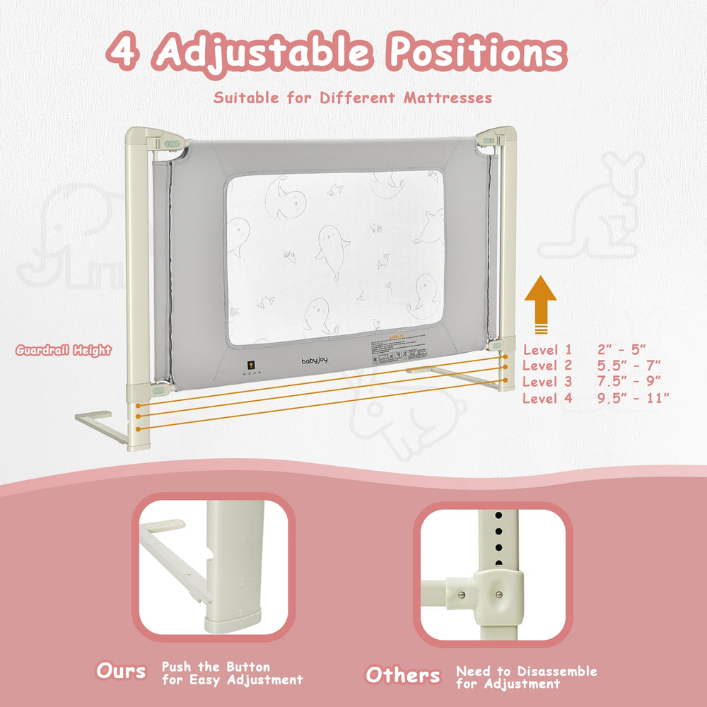 Adjustable bed rail guard for toddlers, featuring 4 height positions, safety lock, and sturdy iron frame for stability.