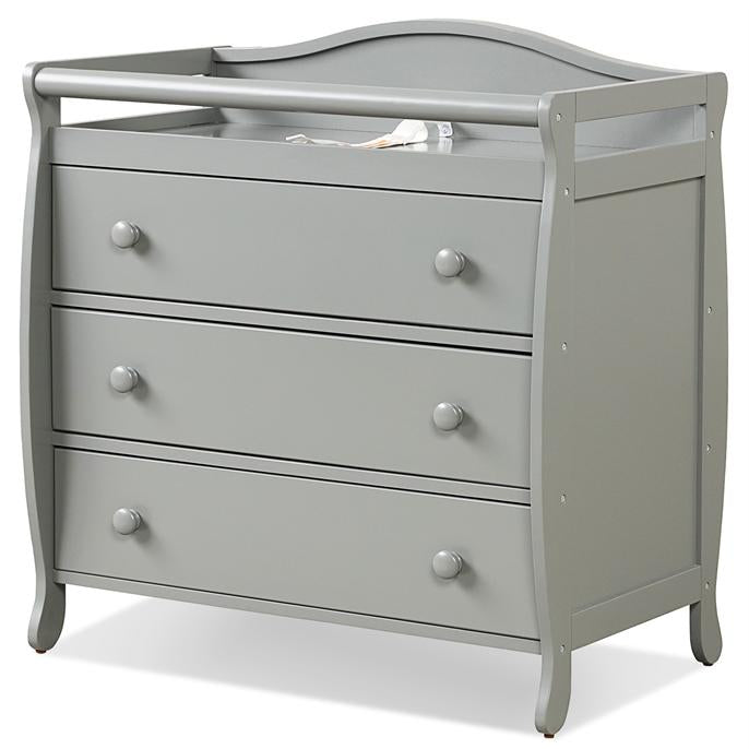 Gray baby changing table with three drawers, safety belt, and sturdy legs for diaper changing and storage convenience.