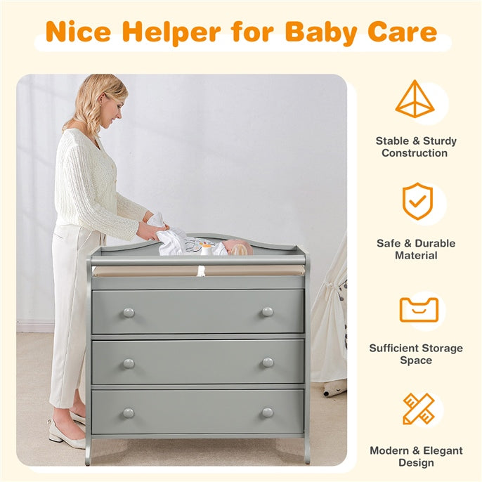 Gray baby changing table with three drawers, sturdy construction, and safety belt for convenient diaper changes.