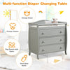 Gray baby changing table with three drawers, safety belt, and spacious top for diaper changing and storage.