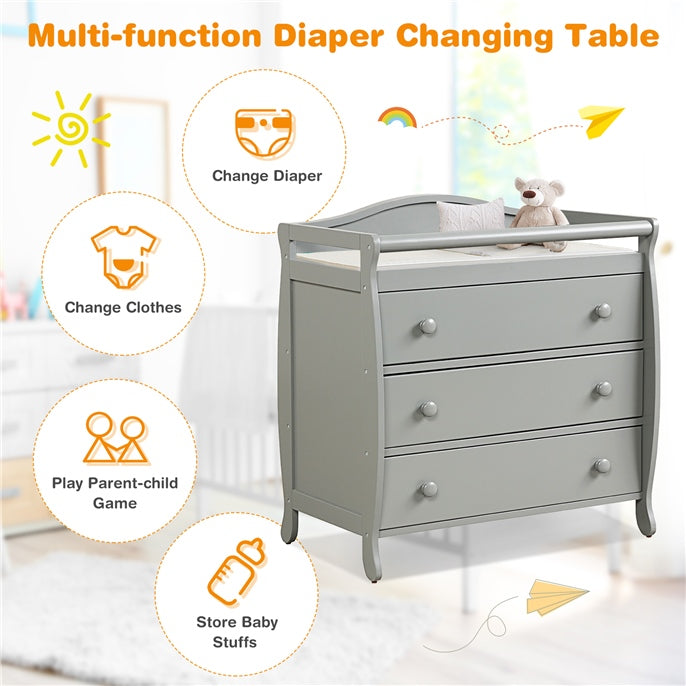 Gray baby changing table with three drawers, safety belt, and spacious top for diaper changing and storage.