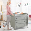Gray baby changing table with three drawers and safety belt, designed for convenience and stability during diaper.