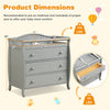 Product dimensions for gray baby changing table with three drawers, showcasing ample storage and sturdy construction.