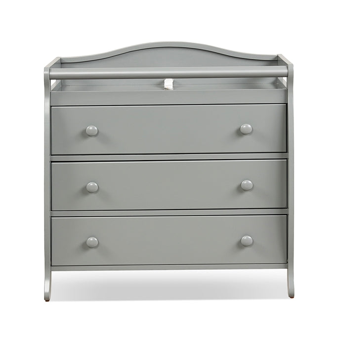 Gray baby changing table with three drawers and safety belt, designed for diaper changing and baby product storage.