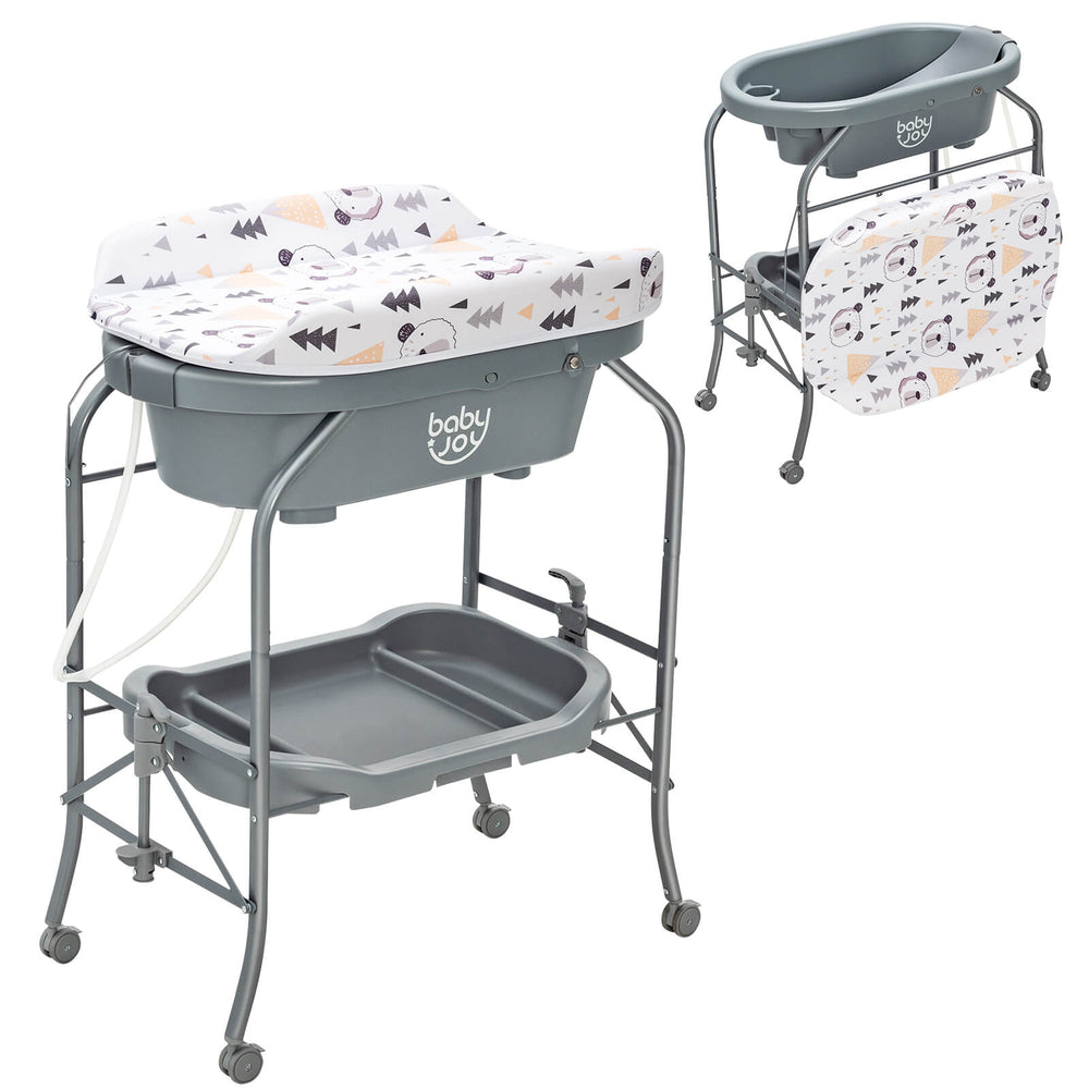 Portable baby changing table in gray with storage basket, adjustable heights, and foldable design for easy use.