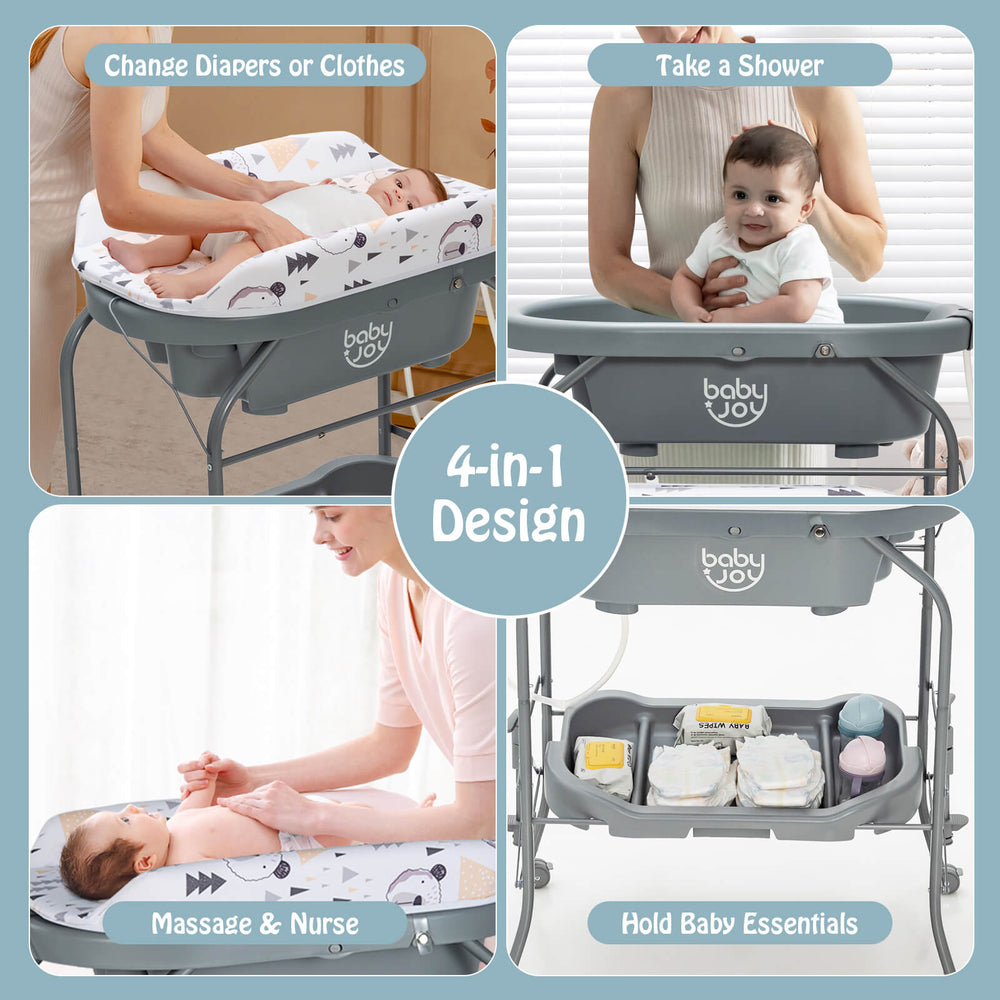 Portable baby changing table in gray with storage basket, adjustable heights, and waterproof fabric for easy cleaning.