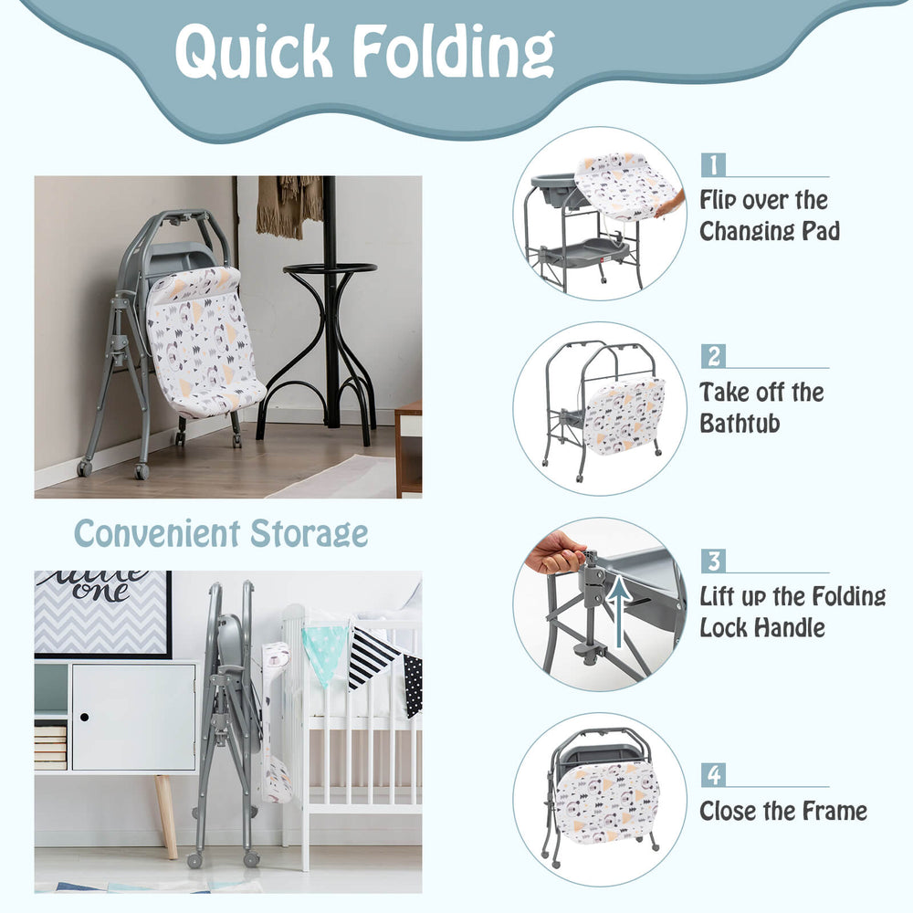 Portable baby changing table in gray with storage basket, adjustable heights, and quick folding design for easy storage.