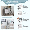 Portable baby changing table in gray with storage basket, adjustable heights, and quick folding design for easy storage.