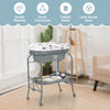 Portable baby changing table in gray with large storage basket, adjustable heights, and foldable design for easy use.
