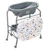 Portable baby changing table in gray featuring a side basket, four adjustable heights, and foldable design for compact.