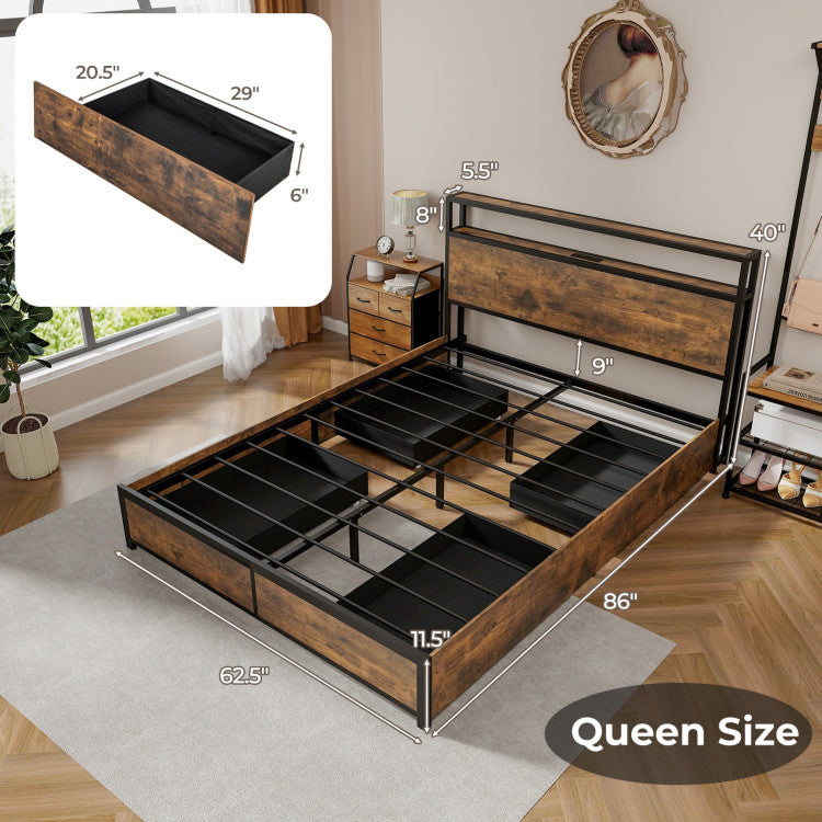 Costway Bed Frame with Smart LED Lights and Storage Drawers Full/Queen Size New