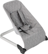 Light gray baby bouncer seat with a sturdy aluminum frame, featuring a 5-point harness for safety and ergonomic support.