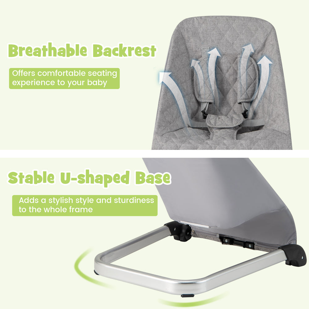 Light gray baby bouncer seat with breathable backrest and stable U-shaped base for secure and comfortable seating.