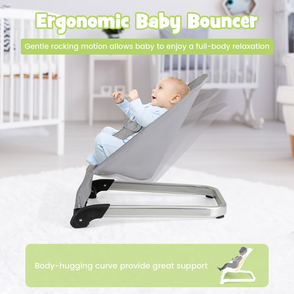 Ergonomic baby bouncer seat in light gray with aluminum frame, designed for soothing and full-body relaxation.