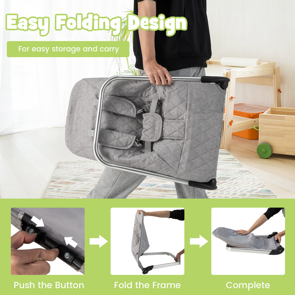 Light gray baby bouncer seat with aluminum frame, featuring an easy folding design for convenient storage and transport.