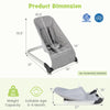 Light gray baby bouncer seat with aluminum frame, dimensions shown, suitable for 0-6 months, no assembly needed.