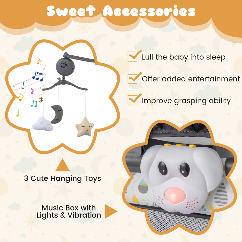 Multi-functional baby playpen with beige mattress, removable changing table, music box, and three hanging toys for.