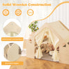 Solid wooden kids play tent with blackboard, storage bins, and rounded edges for safe, interactive play.