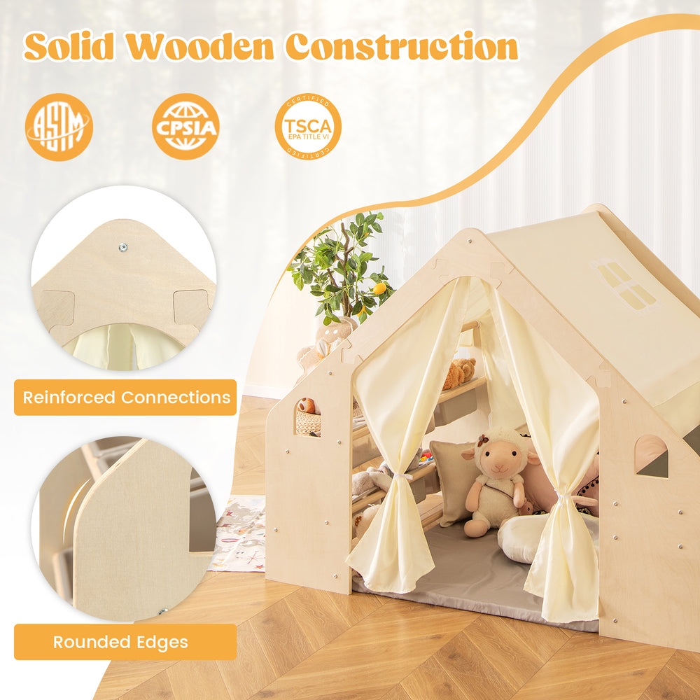 Solid wooden kids play tent with blackboard, storage bins, and rounded edges for safe, interactive play.