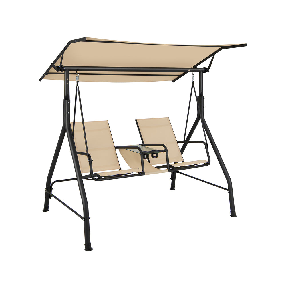 Tempered glass table with cup holders on the 2-seat outdoor cushioned porch swing, ideal for outdoor relaxation.