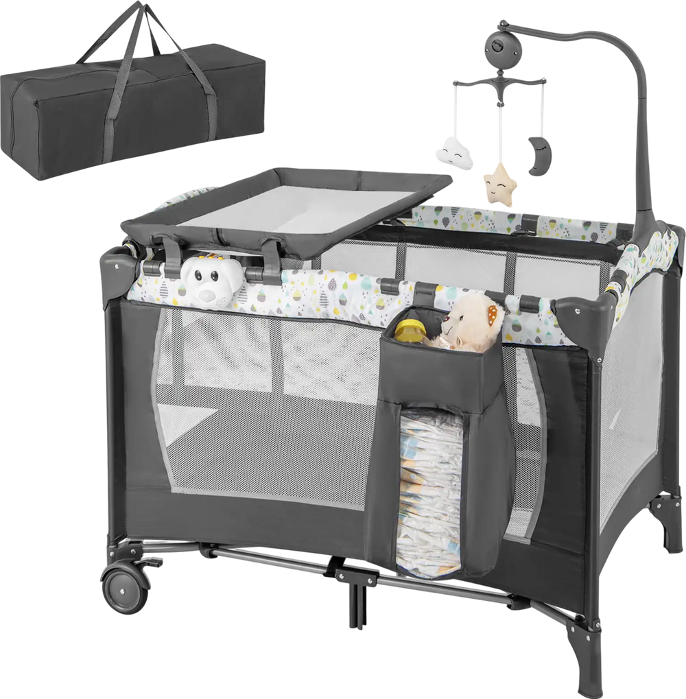Multi-functional baby playpen with removable changing table, breathable mesh, and soft mattress for easy diaper changes.