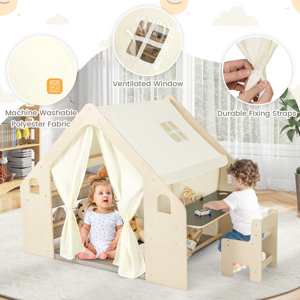 Kids play tent playhouse in beige with blackboard, storage bins, and ventilated windows for interactive play.