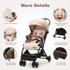 Lightweight baby stroller in net-beige with adjustable backrest, 5-point safety belt, and large storage basket for.