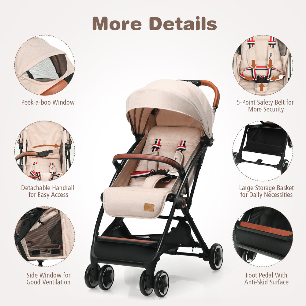 Lightweight baby stroller in net-beige with adjustable backrest, 5-point safety belt, and large storage basket for.