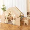 Kids play tent playhouse in beige with blackboard, storage bins, and floor cushion, perfect for interactive play and.