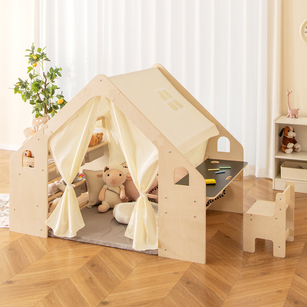Kids play tent playhouse in beige with blackboard, storage bins, and floor cushion, perfect for interactive play and.