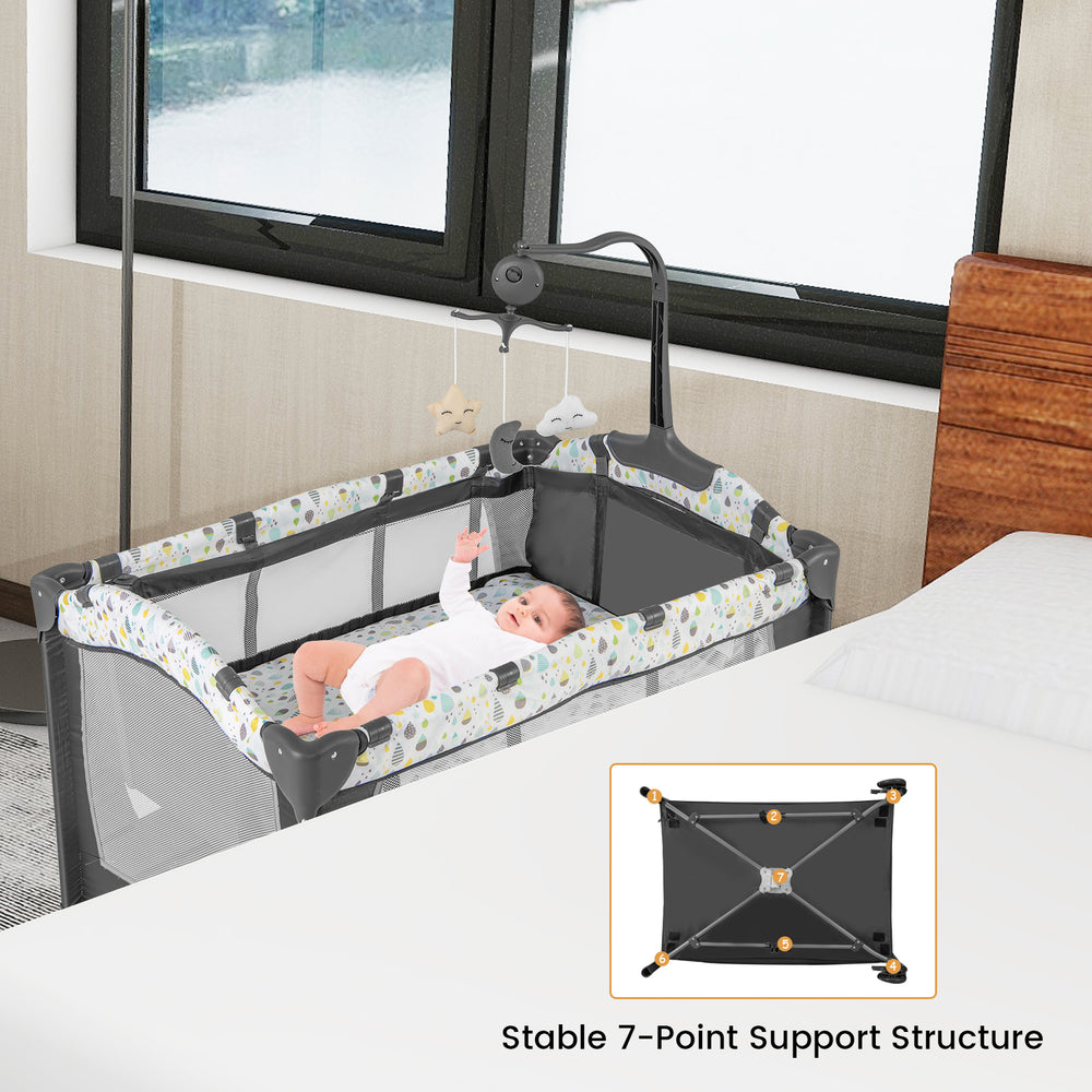 Multi-functional baby playpen with removable changing table, featuring a stable 7-point support structure and.