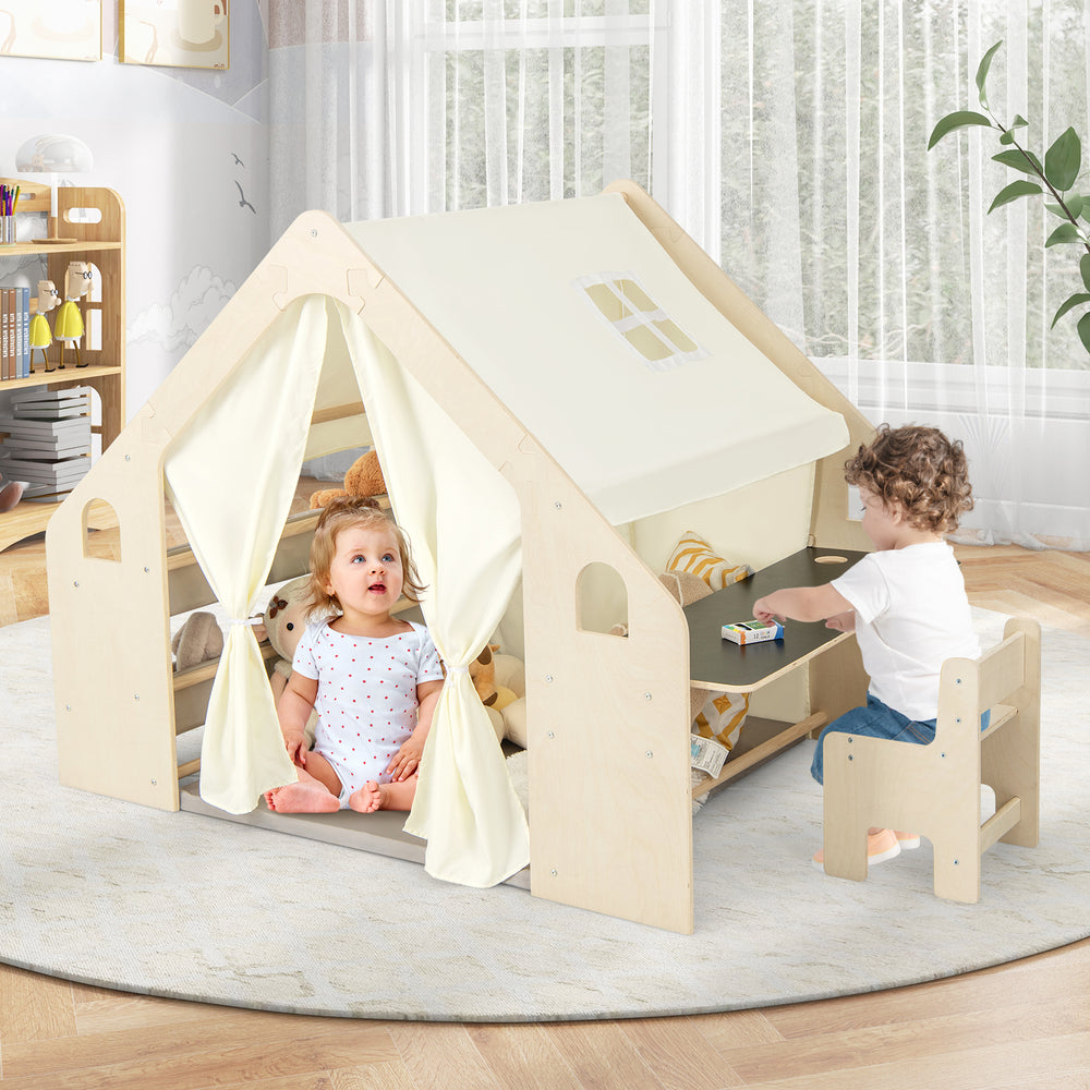 Kids playhouse with beige fabric cover, blackboard, and storage bins, perfect for interactive play and learning.