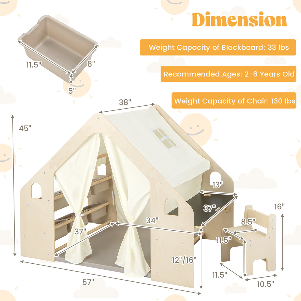 Kids play tent playhouse in beige with blackboard, storage bins, and floor cushion for ages 2-6 years.
