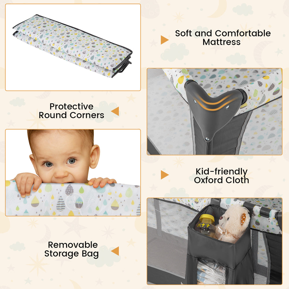 Multi-functional baby playpen in beige with soft mattress, removable changing table, and breathable mesh for visibility.