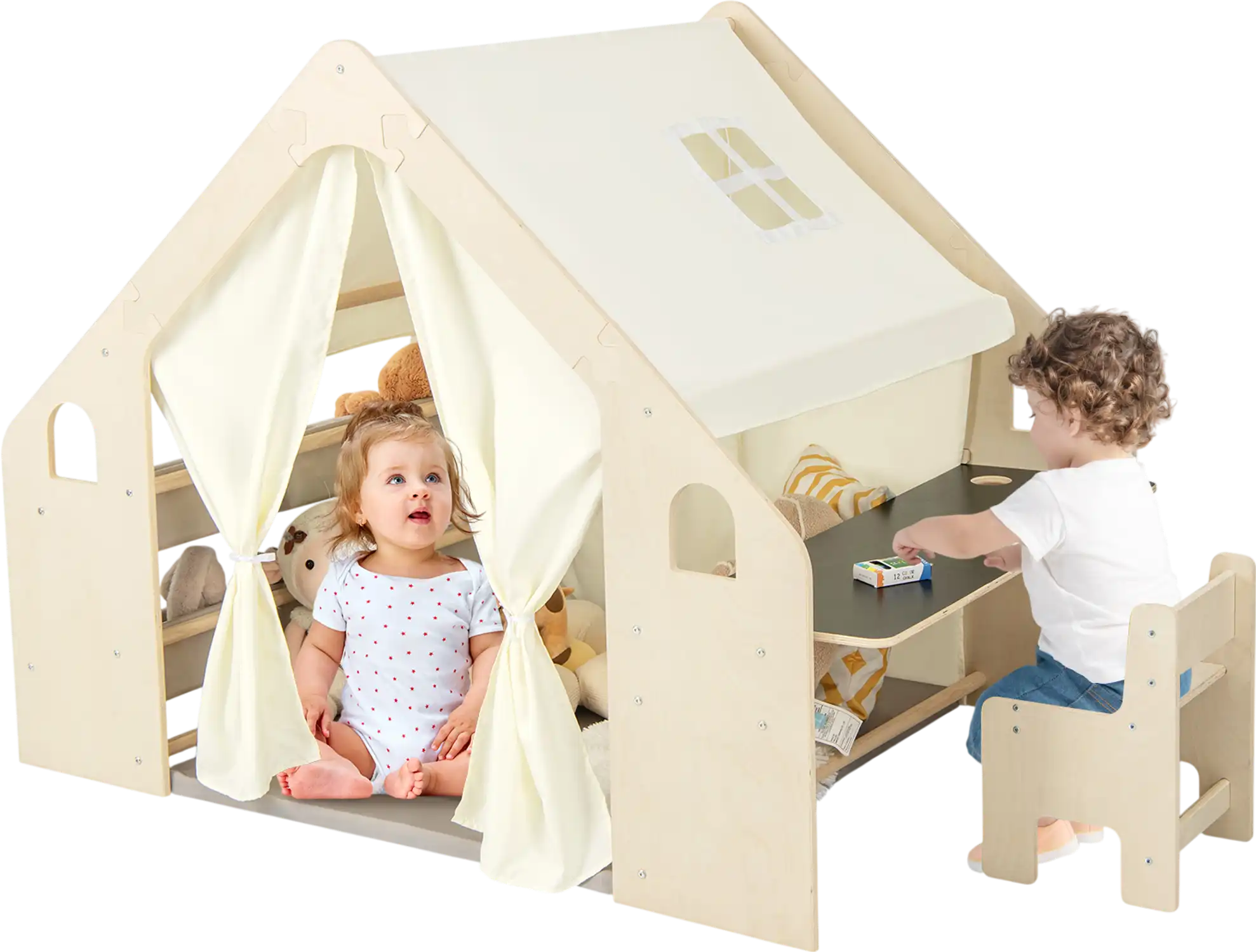 Costway Kids 6-in-1 Play Tent Playhouse w/ Blackboard Storage Bins Floor Cushion 49867231 New