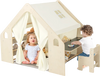 Kids playhouse with blackboard, storage bins, and floor cushion in beige, perfect for interactive play and learning.