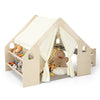 Kids playhouse with blackboard, beige finish, six storage bins, and removable floor cushion for versatile play and.