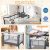 Multi-functional baby playpen in beige featuring a bassinet, changing table, and breathable mesh for ventilation.