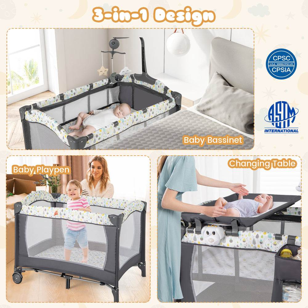 Multi-functional baby playpen in beige featuring a bassinet, changing table, and breathable mesh for ventilation.