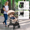 Lightweight baby stroller in net-beige with adjustable canopy, safety belt, and smooth wheels for easy maneuverability.