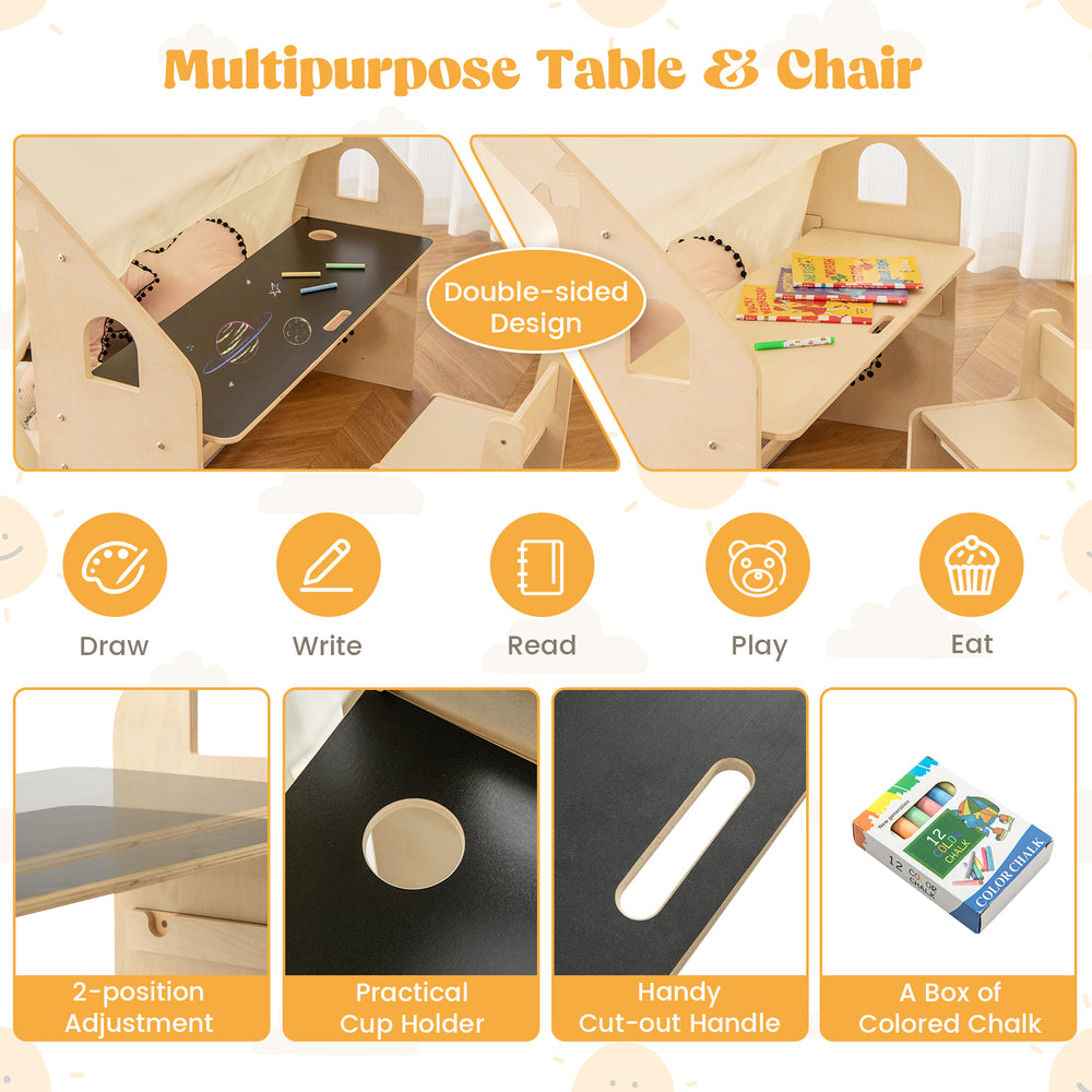 Multipurpose kids play tent with adjustable table, blackboard, and 6 storage bins for drawing, learning, and playing.