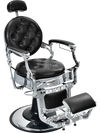 Vintage barber chair in black PVC leather with adjustable height, reclining backrest, and 360° swivel for versatile use.