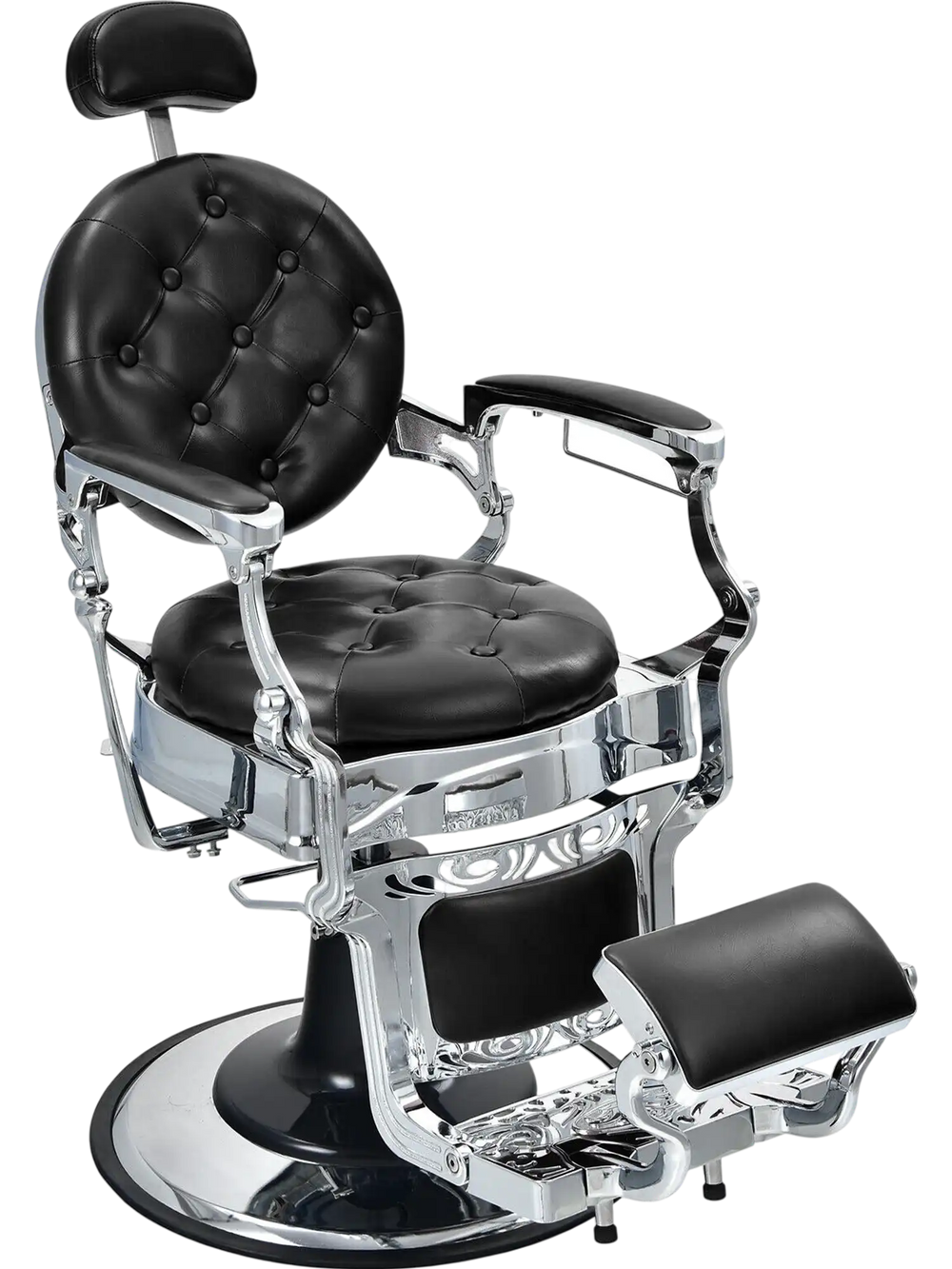Vintage barber chair in black PVC leather with adjustable height, reclining backrest, and 360° swivel for versatile use.