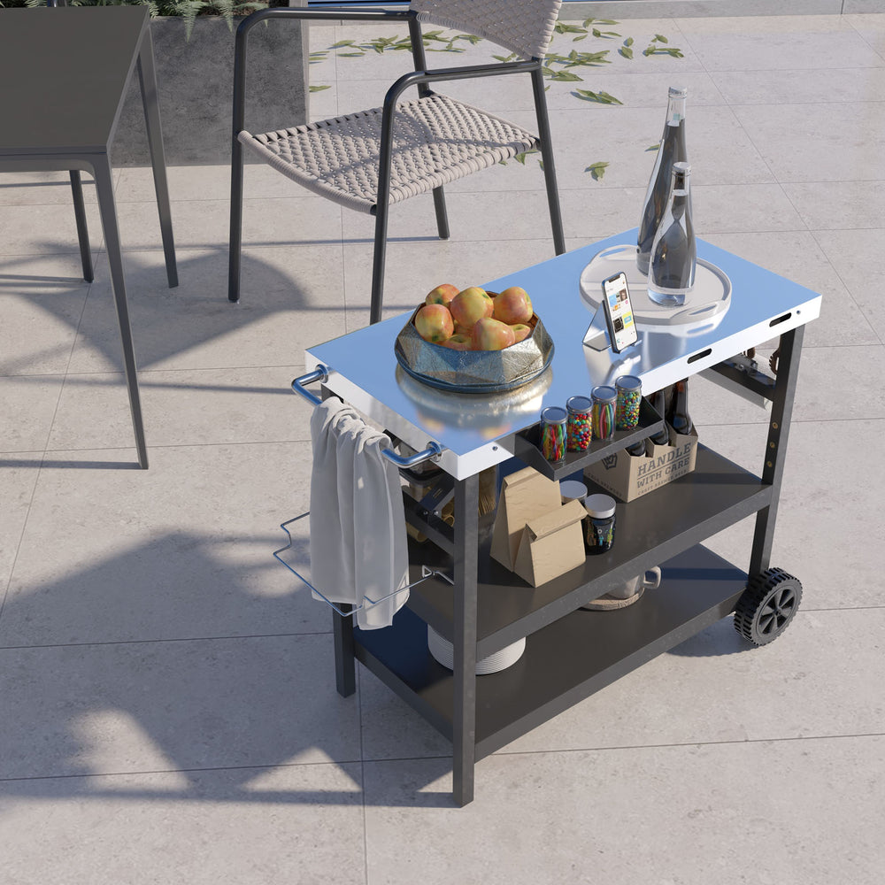 Foldable outdoor cart with stainless steel top, 3-tier storage, and wheels for easy mobility, ideal for food prep.