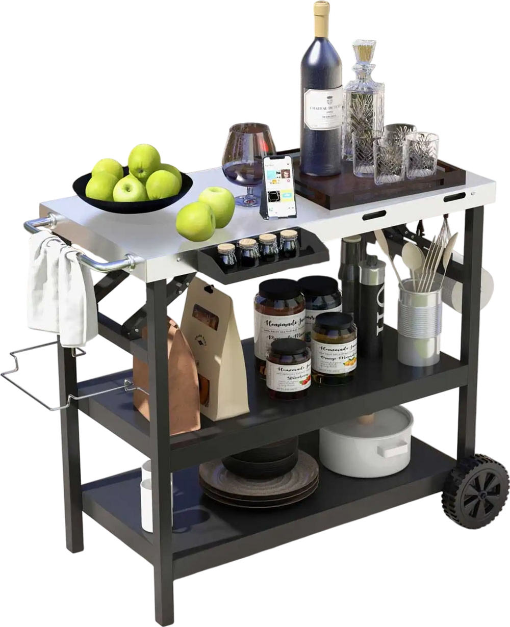 Foldable black outdoor cart with 3 tiers, stainless steel top, and wheels for easy mobility, ideal for food preparation.