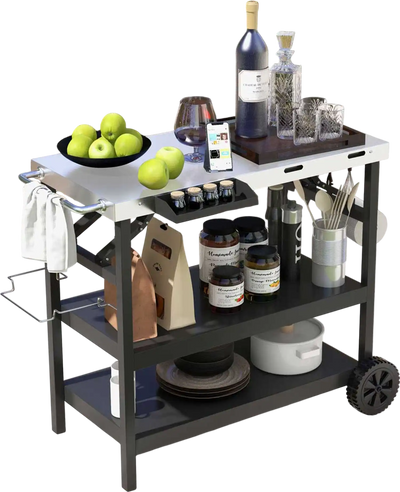 Costway 3-Tier Foldable Outdoor Grill Cart w/ 2 Wheels Phone Holder Black 61248973 New