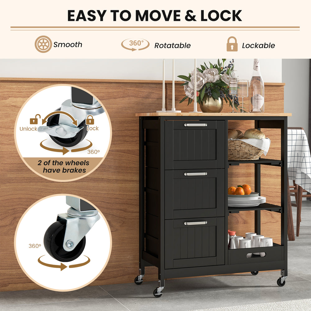 Rolling kitchen island utility cart in black with 3 large drawers and removable tray, featuring lockable wheels for.