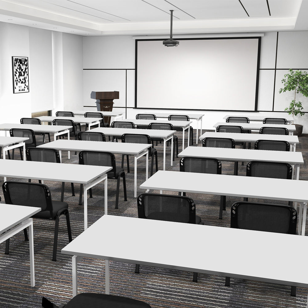 Set of 5 stackable conference chairs with mesh back in a modern meeting room, ideal for office gatherings.