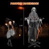 Height and dimensions of the 6.4 feet Halloween Grim Reaper, featuring lighted eyes and terrifying sounds for display.